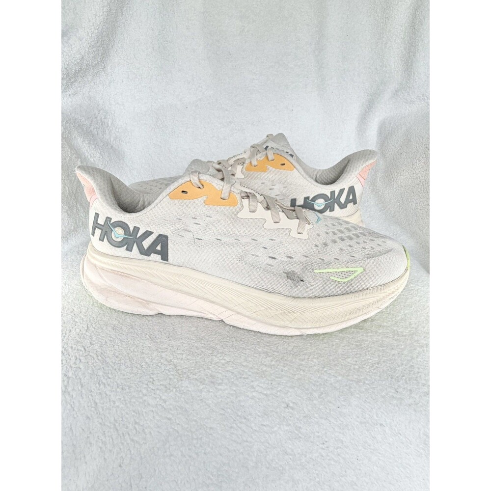 Hoka Clifton 9 Women’s 10D Running Shoes Beige Orange Multi Athletic Sneakers